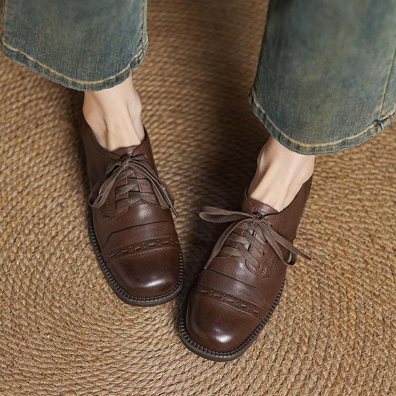 Fashion Genuine Leather Women Oxford Shoes Spring 2025 New Thick Heels Shoes Classic Lace-Up Vintage Office Dress High Heels Women Pumps