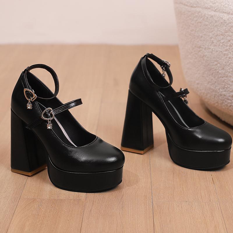 Q/Scarpe singole con tacco alto da donna Primavera/Estate Nuovo colore solido Piattaforma impermeabile Tacco spesso Bocca bassa Scarpe basse di grandi dimensioni