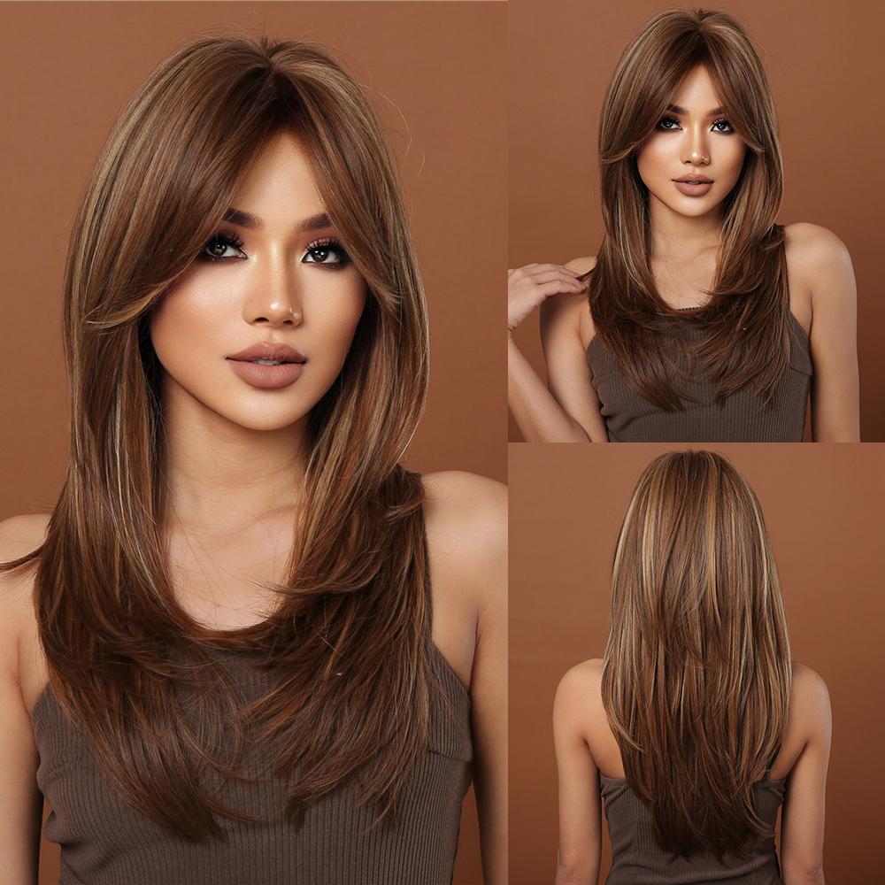 Long Wavy Layered Black-Brown Shoulder-Length Wigs With Bangs Heat Resistant Synthetic Wigs for Women Cosplay Daily Natural Wigs