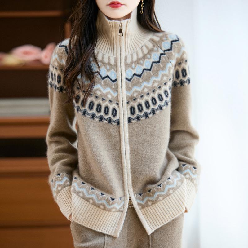 Color-Block Fair Isle Lapel Cashmere Cardigan - Women's Autumn/Winter 2025 Pure Wool Short Jacket