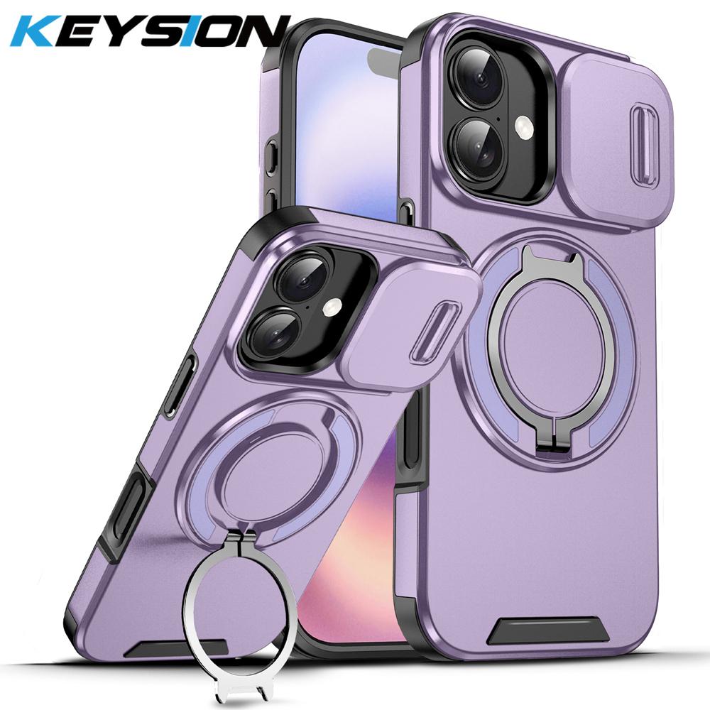 KEYSION 360° Rotating Ring Stand Phone Case for iPhone 17 Silicone+PC Slide Camera Protection Magnetic Shockproof Back Cover