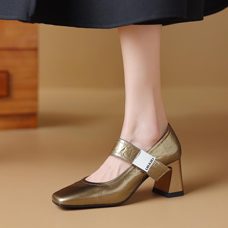 2024 High Heels Elegant Women Pumps Spring Summer Genuine Leather Square  Toe Buckle Strap Mary Janes Shoes Woman Office Lady