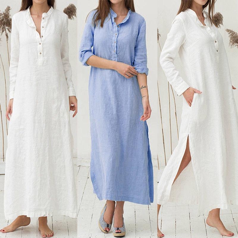 Luxusní dámský kaftan Bavlna Dlouhý rukáv Jednobarevný Ležérní Oversized Maxi košilové šaty