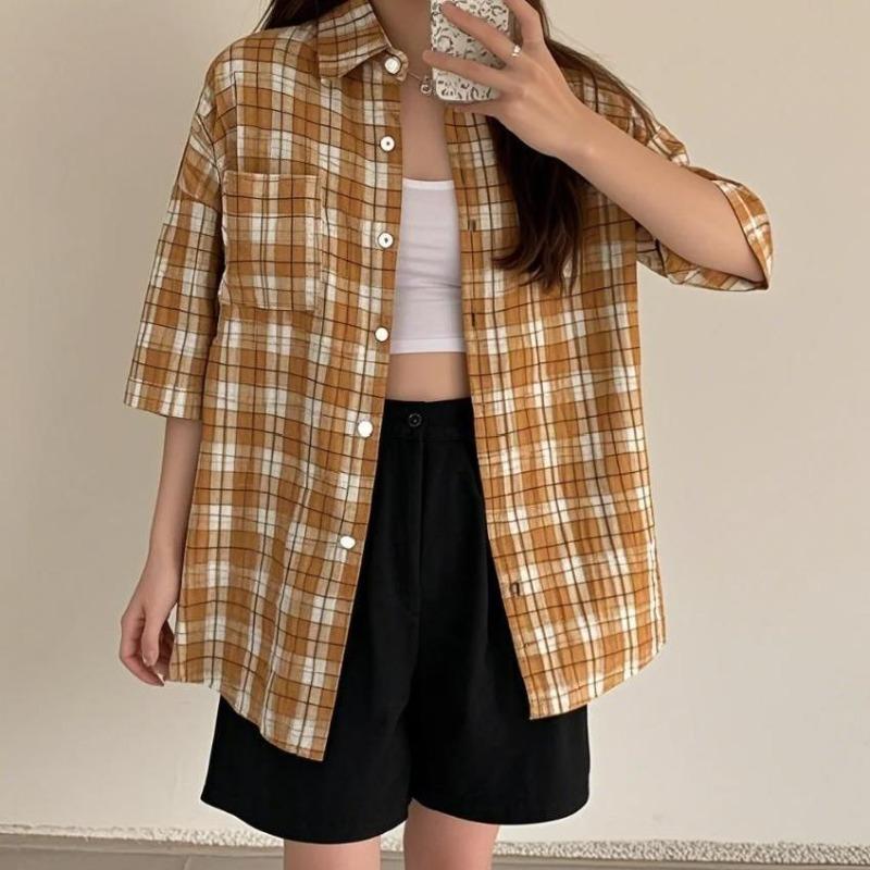 

Новая клетчатая рубашка с коротким рукавом в японском студенческом стиле, блузки средней длины, милые и универсальные женские рубашки XXL жёлтый