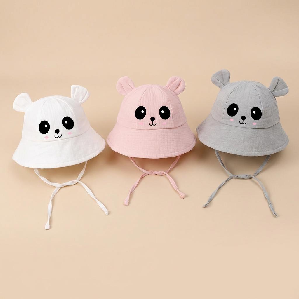 Spring Summer New Children's Gauze Bucket Hat Baby Embossed Bear Fisherman Sun Hat Protective Accessory for Babies