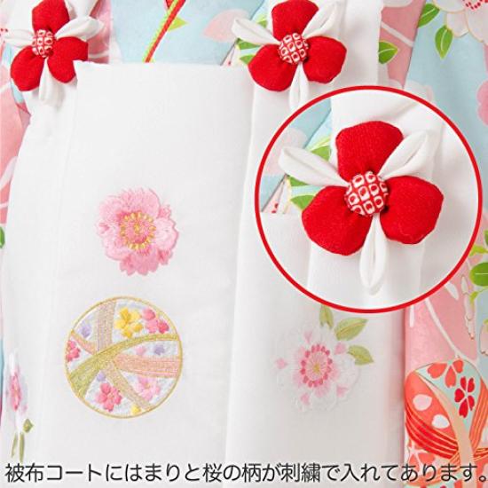 Kimono 3 Years Old Cloth Set Girls Kyoto Hanahime Mari 4 Light Blue Kimono White Cloth Coat Embroidered Sakura Mari Full Set Shichi-Go-San