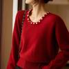 Women's 100% Pure Wool Sweater - Ribbed Design with Flower Bead Embellishments and Round Neck