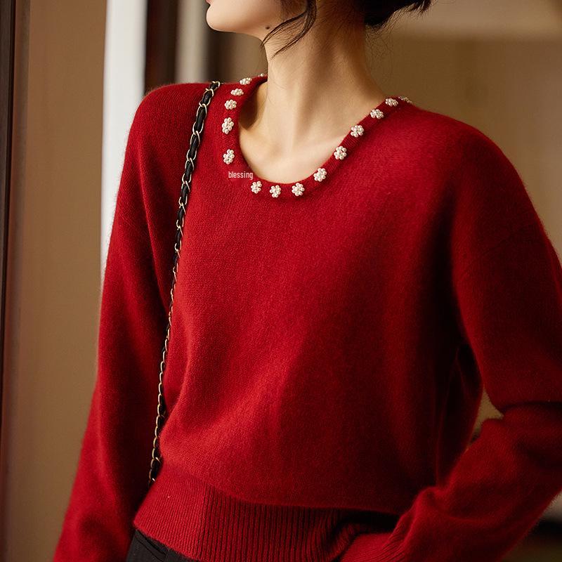 Women's 100% Pure Wool Sweater - Ribbed Design with Flower Bead Embellishments and Round Neck