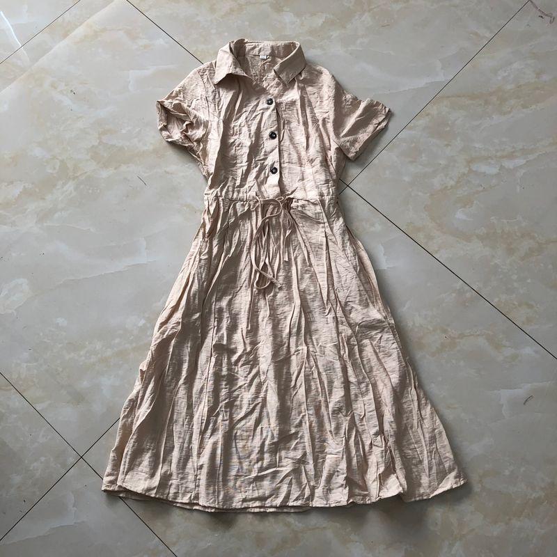 Cotton and Linen Shirt Dress Summer New Arrival Women's Flip + V-neck Buttons Pullover Short Sleeve Shoelace Waist Midi Dress 29071