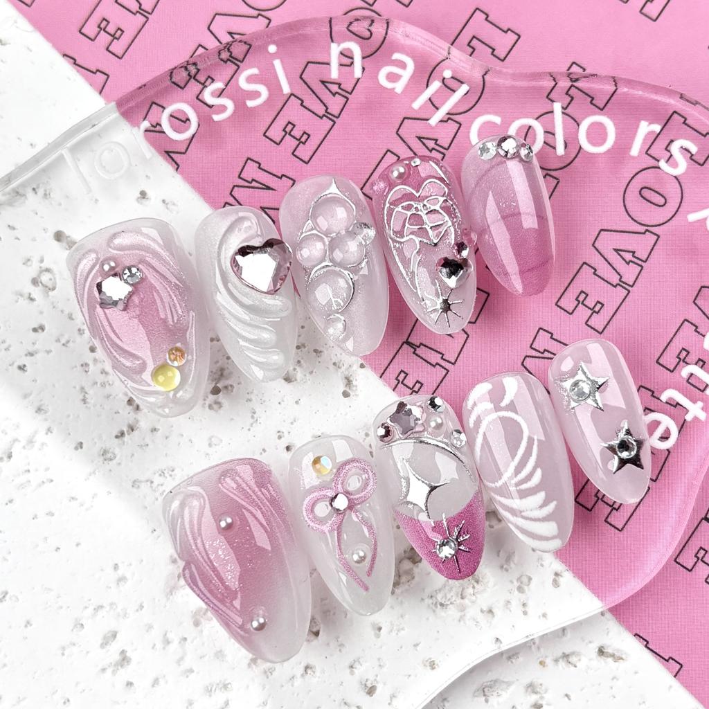 10 Pcs Y2K Pink White Handmade Short Almond Press On Nails With 3D Bow Heart Rhinestone Reusable Acrylic False Nails