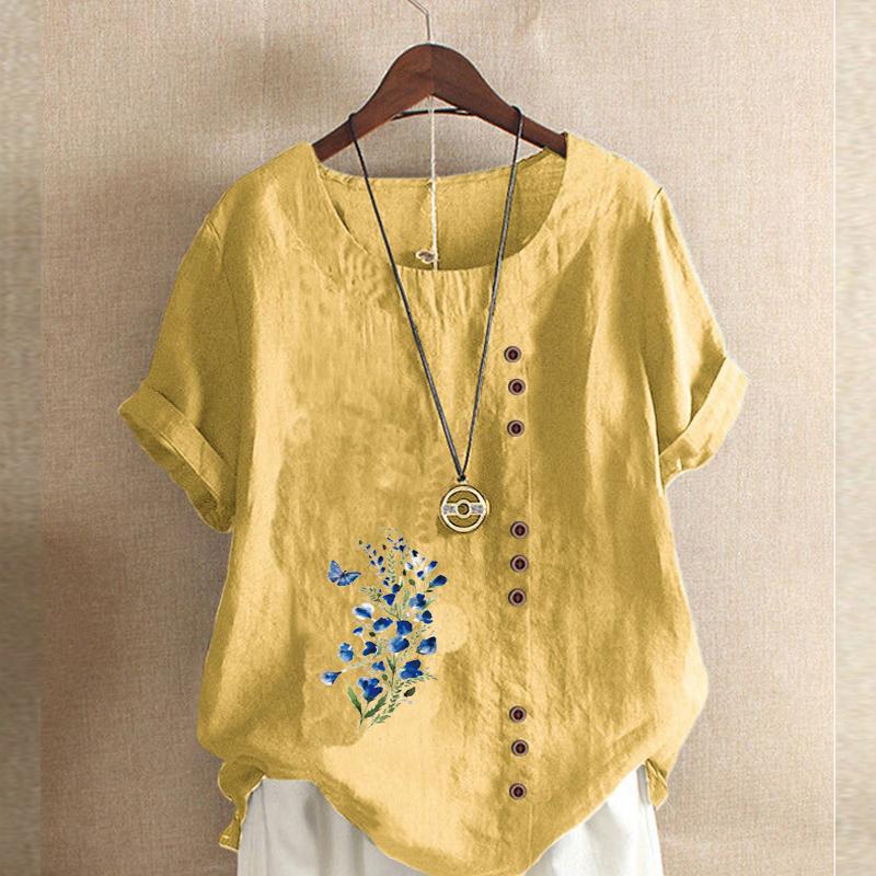 T-shirt da Donna alla Moda con Stampa Fiori e Piante Manica Corta Camicia Larga in Cotone Blusa Estiva Casual Larga Top Taglie Forti