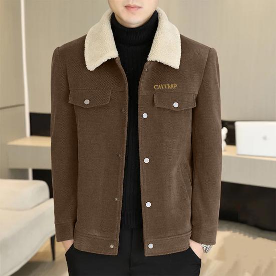 Men Jacket Coat Solid Color Lapel Button Closure Casual Jacket Thickened Velvet Lining Outerwear Daily Wear