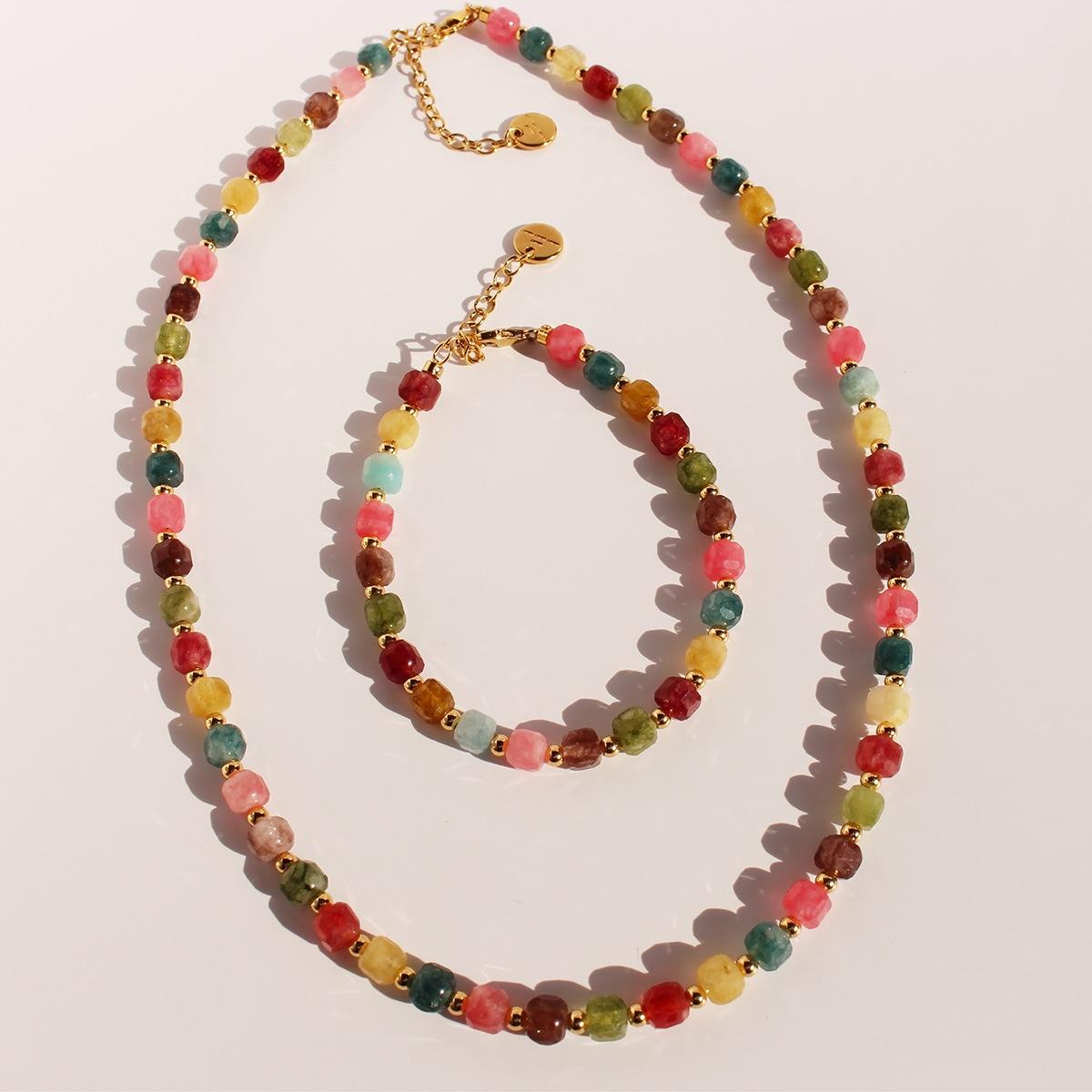 

Весенне-летний новый продукт Радужный турмалиновый сахарный кубик бусины ожерелье Нежный розовый гибискус камень ключица цепочка браслет 34