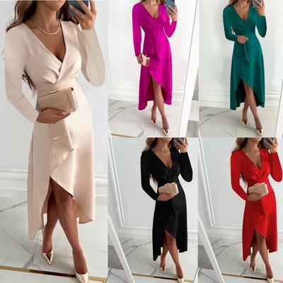 Autumn/Winter V-Neck Long Sleeve Ruched Slit Dress for Women