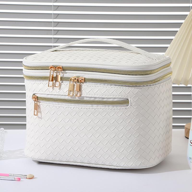 Flerfärgad dubbellagers PU-reseorganisatör för smycken och smink med vävd textur