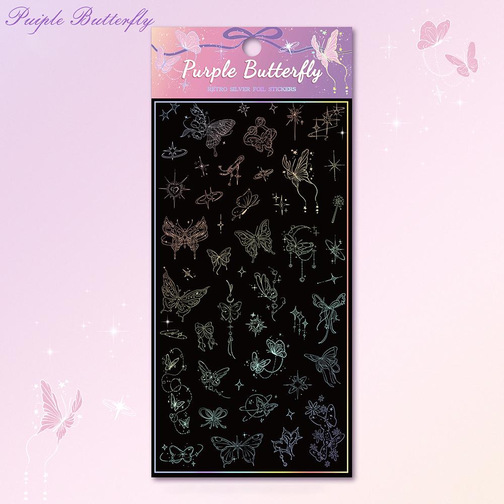 Retro laser stickers, creative hot silver colorful stickers, DIY account decoration materials, butterfly flower stickers