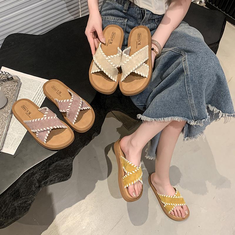 Slippers 2025 summer new flat-bottomed cross-word slippers women's casual fashion versatile outer lazy pedal