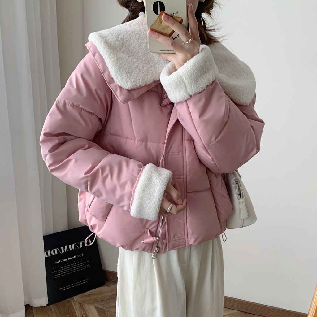 Winter 2025 new Korean lambswool patchwork warm cotton jacket women's short thickened lapel cotton jacket
