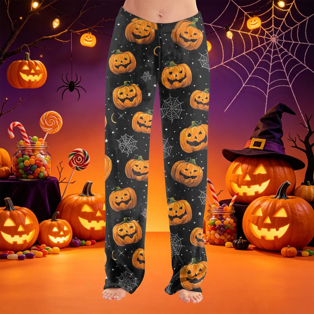 Women Halloween Print Plush Lounge Pants Soft Elastic Waistband Relaxed Fit Long Casual Trousers for Indoor Outdoor Wear