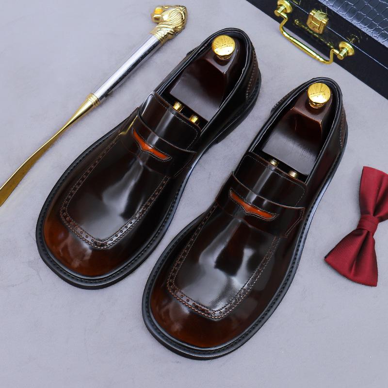 Big Head Leather Shoes Leather Foot Cover Lacquer Surface First Layer Cowhide Round Head Casual Leather Shoes Men's Casual