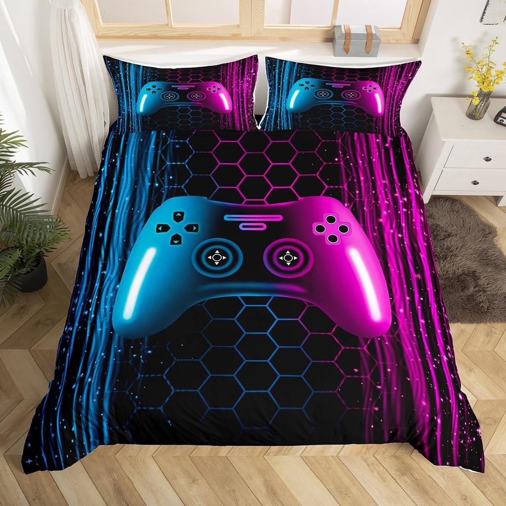 Comforter Gamer Bedding Set Gaming For Kids Teens Men Game Console Bed Set Geometry Stripes Honeycomb Hexagon Comforter