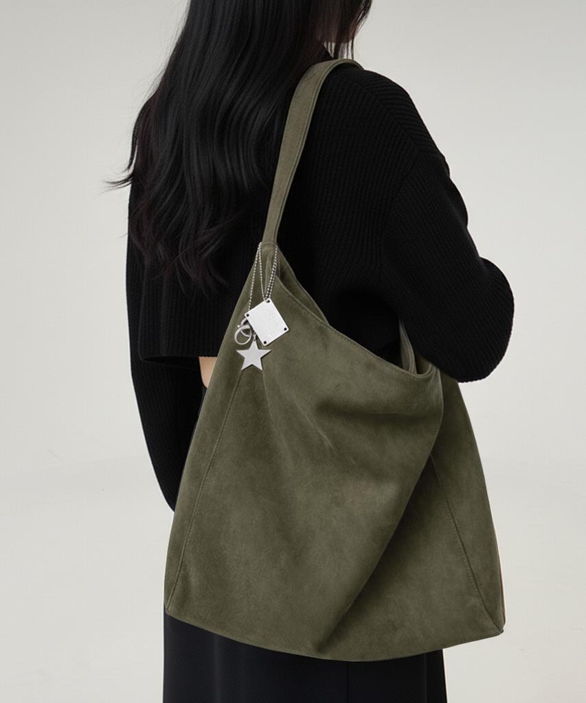 Np Studio Unisex Mellow Suede Hobo Big Shoulder Bag Khaki