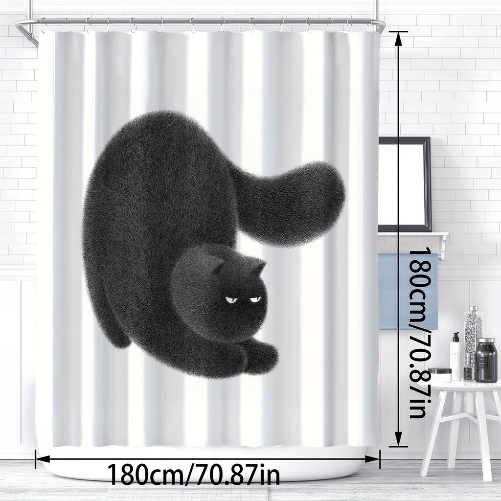 1pc Nordic Modern Minimalist Digital Art Cute Black Cat Shower Curtain - Polyester Bathroom Decor with Hooks, Machine Washable