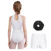 Girls Gymnastics Dance Outfit Sleeveless Keyhole Back Rhinestones Leotard V Waistband Shorts Hair Tie