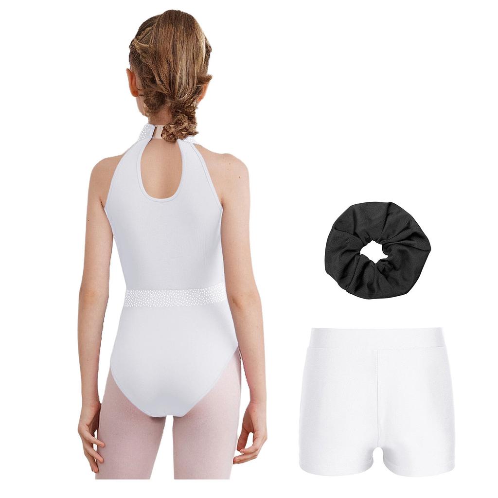 Girls Gymnastics Dance Outfit Sleeveless Keyhole Back Rhinestones Leotard V Waistband Shorts Hair Tie
