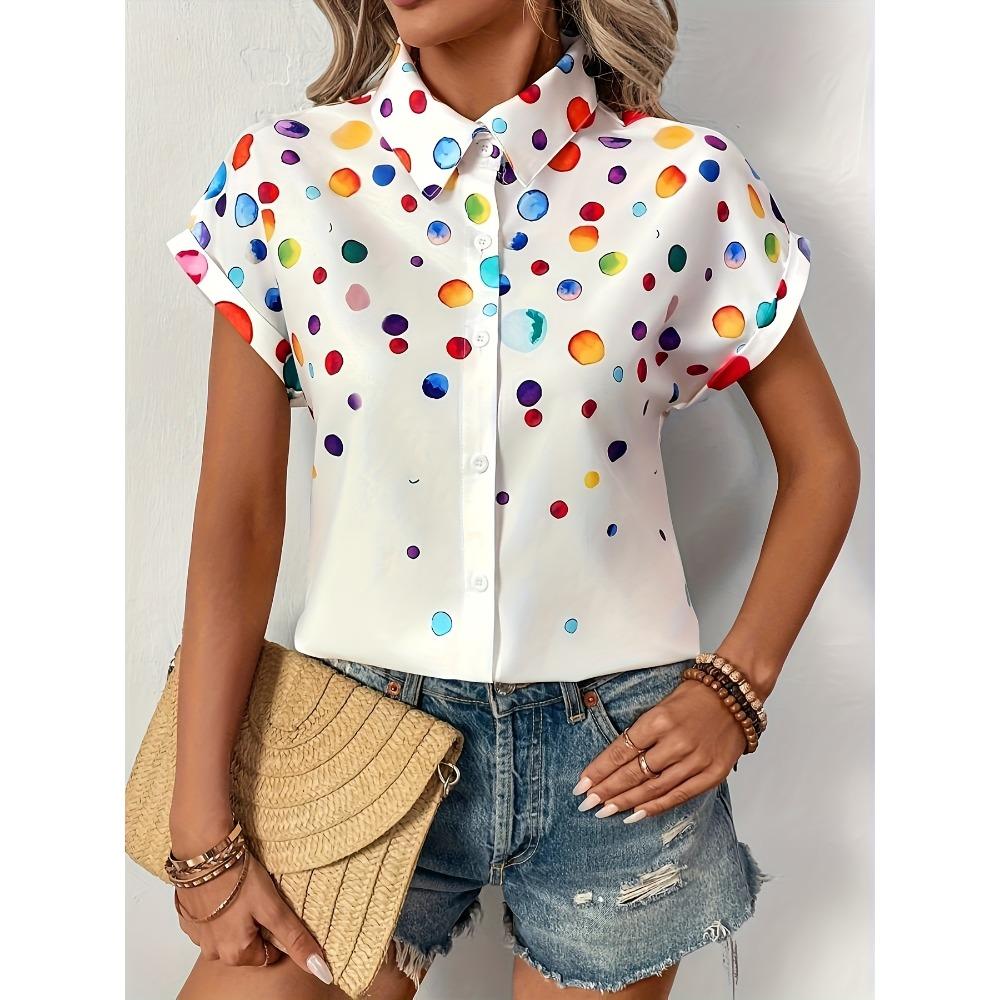 

Women s Colorful Polka Dot Print Blouse - Elegant Short Sleeve Button-Up Shirt with Pointed Collar S