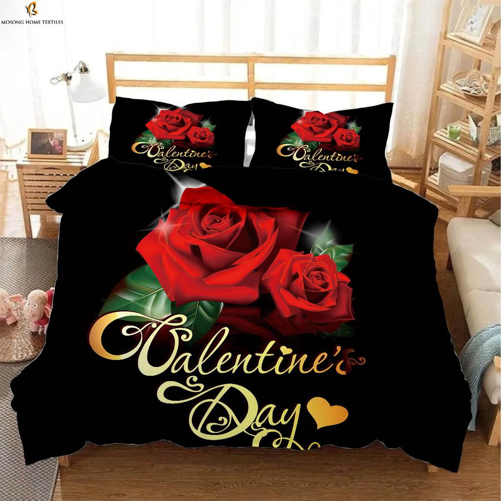 Valentine Day Romantic Red Rose Printing Quilt Cover Black White Color Matching Bedding Set Pillowcase Curtain Polyester