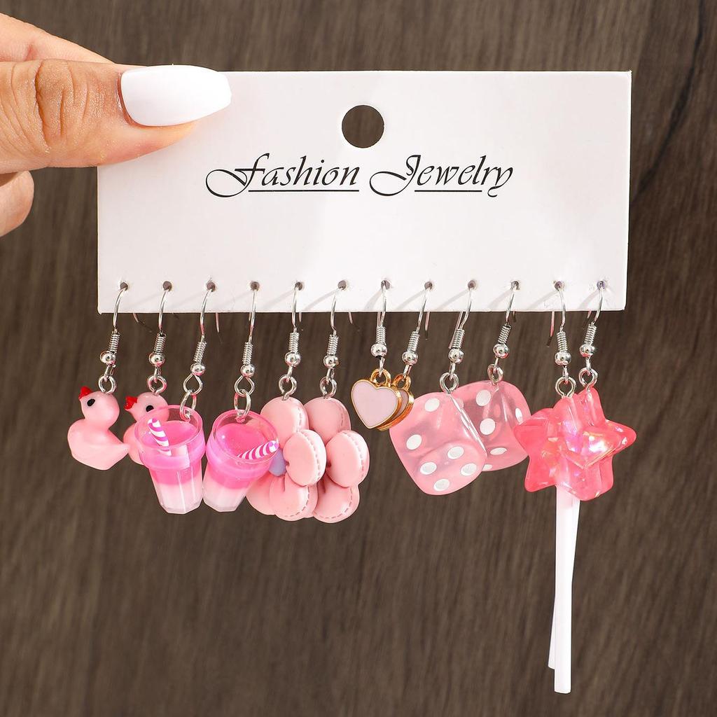 New Fashion Cute Cartoon Pink Earring Set Colorful Dopamine Acrylic Earrings for Women Girls New Trendy Jewelry Accessories Gift