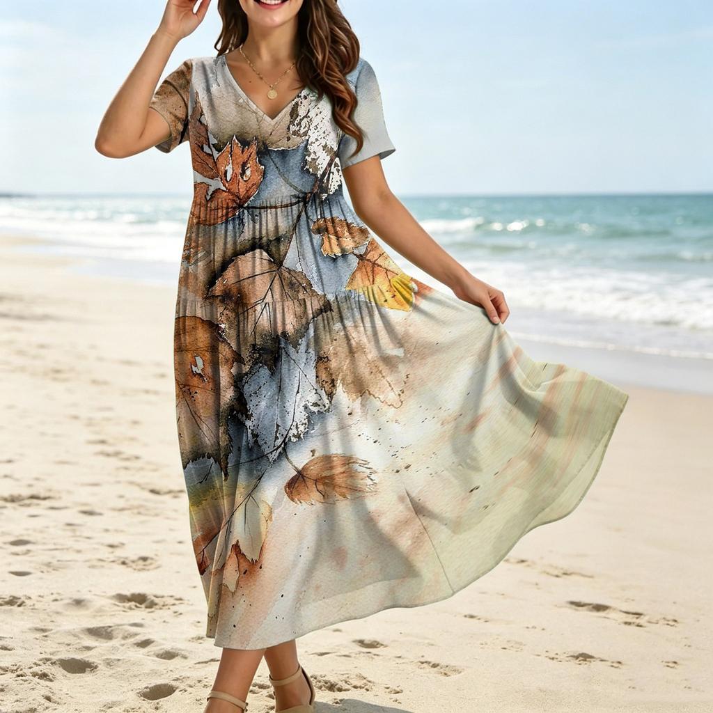 Frauen Casual Lose Bohemian Blumenkleid Kurzarm Lange Maxi Sommer Strand Swing Kleid