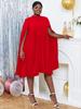 AOMEI Party Dresses for Women Stand Collar Pleated Cape Sleeve Loose Midi Dresses Elegant Lady Evening Wedding Birthday Events Red Outfit