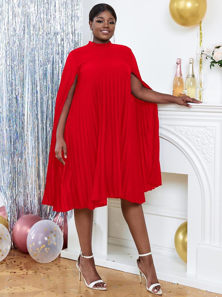 AOMEI Party Dresses for Women Stand Collar Pleated Cape Sleeve Loose Midi Dresses Elegant Lady Evening Wedding Birthday Events Red Outfit