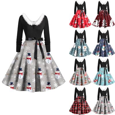 Vestido feminino vintage de manga comprida estampa de natal anos 1950 dona de casa festa à noite baile