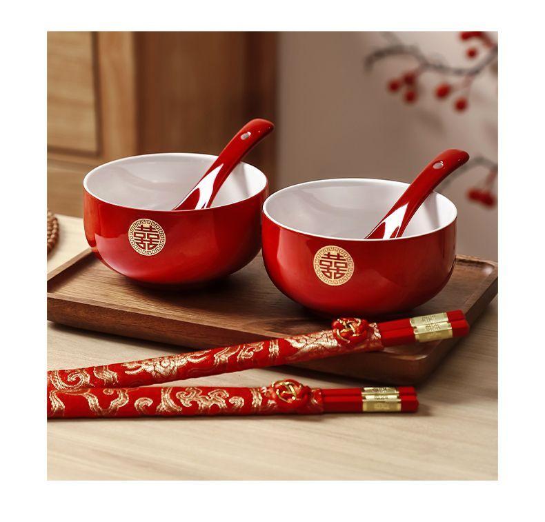 Wedding Tea & Chopstick Set: Red Bowls for Toasting & Happy Celebrations.
