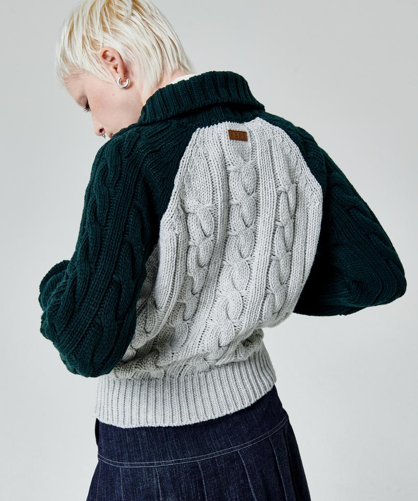 Leoninghai Color Block Turtleneck Zip-Up Knit Pullover [Green]