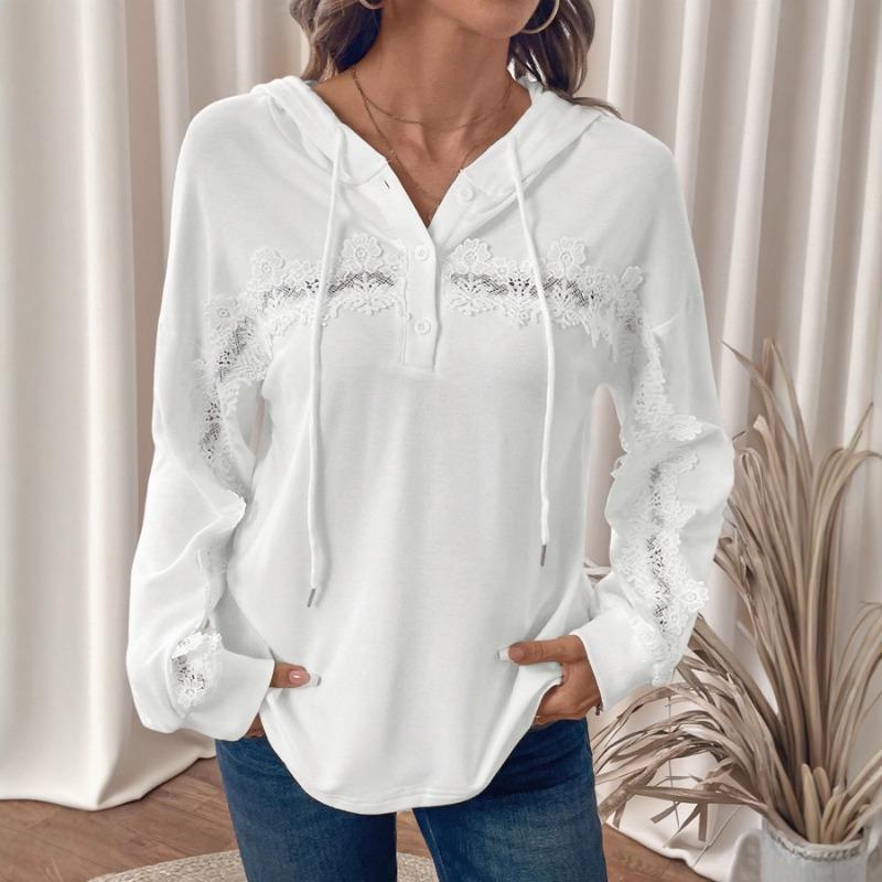 Autumn New Lace Stitching Hooded Sweatshirt Solid Color Casual Versatile Pullover Top