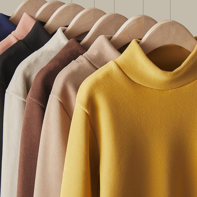 Plus Velvet Bottoming Shirt Women's Autumn Winter Thickened Half-high Collar Long-sleeved Solid Color Pullover Warm Top T-shirt