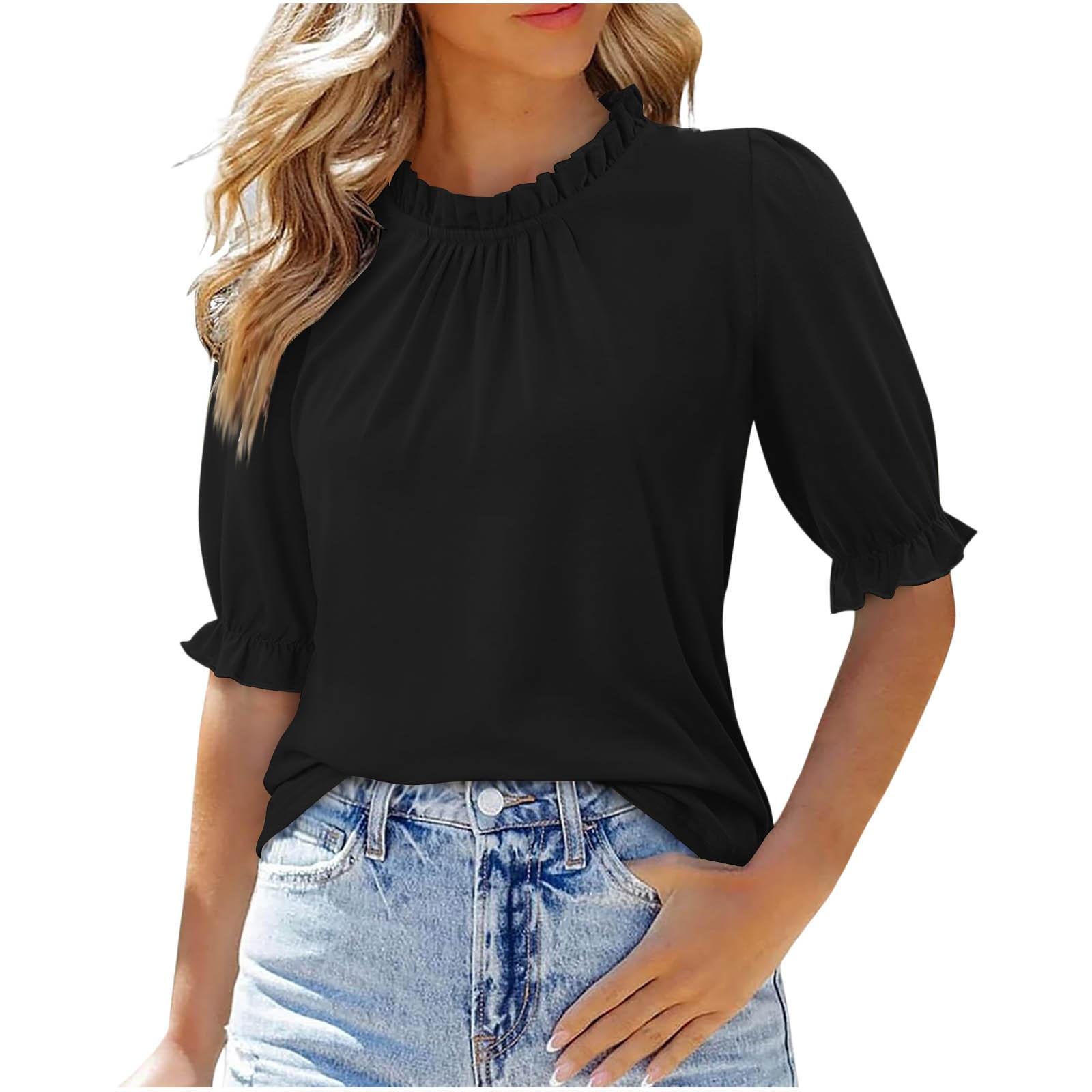 New Women s Solid Color Button Crew Neck Medium Sleeve Pleated Top S чёрный