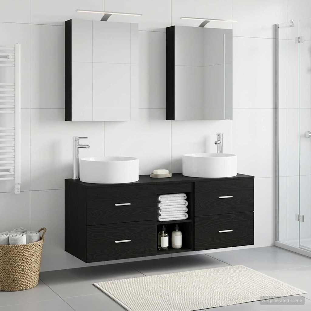 5 Piece Bathroom Furniture Set Black Oak Engineered Wood and Glass