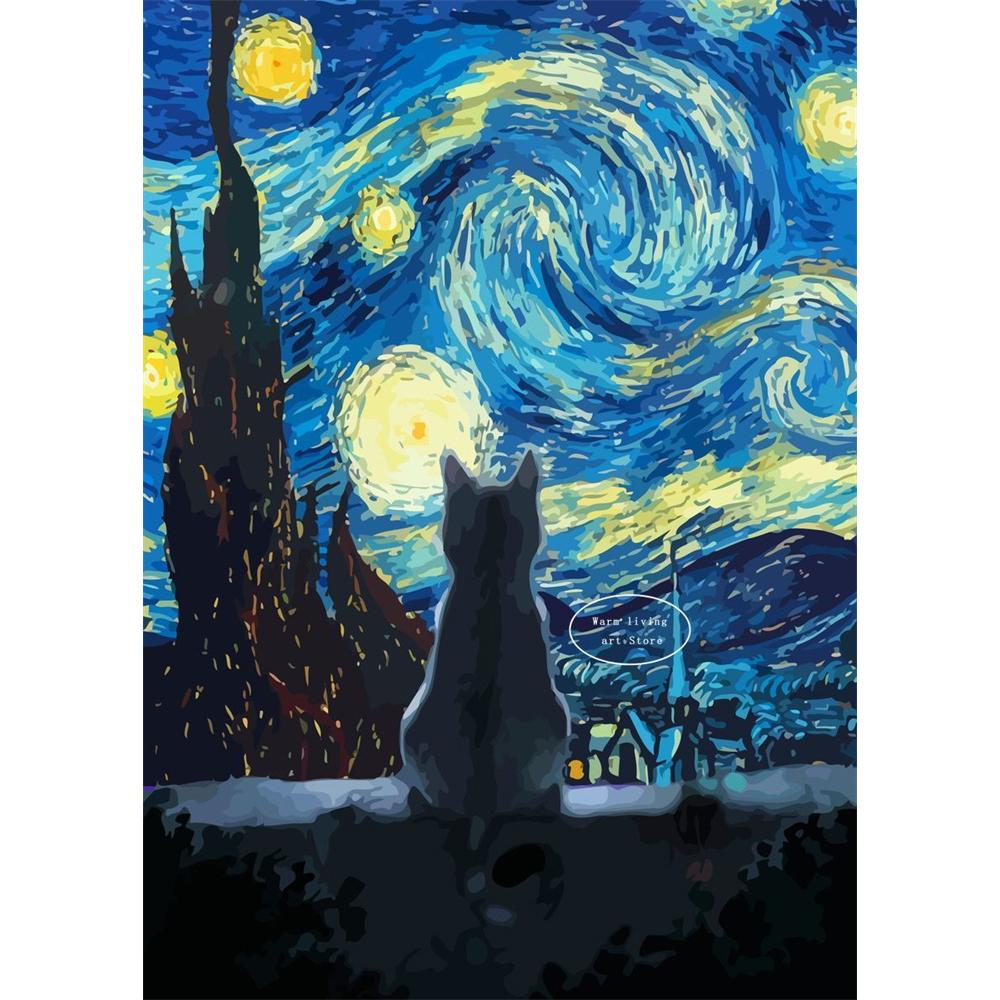 5D Diy Diamond Painting Cross Stitch Embroidery Mosaic Funny Black Cat Flower Van Gogh The Starry Night Full Round Drill Home Decor Wall Art Gift