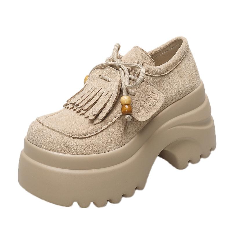 Fashion Women's Thick Bottom Kangaroo Shoes with Laces Full Wrap Birkenstyle Fall New Vintage Matte Leather Single Shoes Casual Loafers