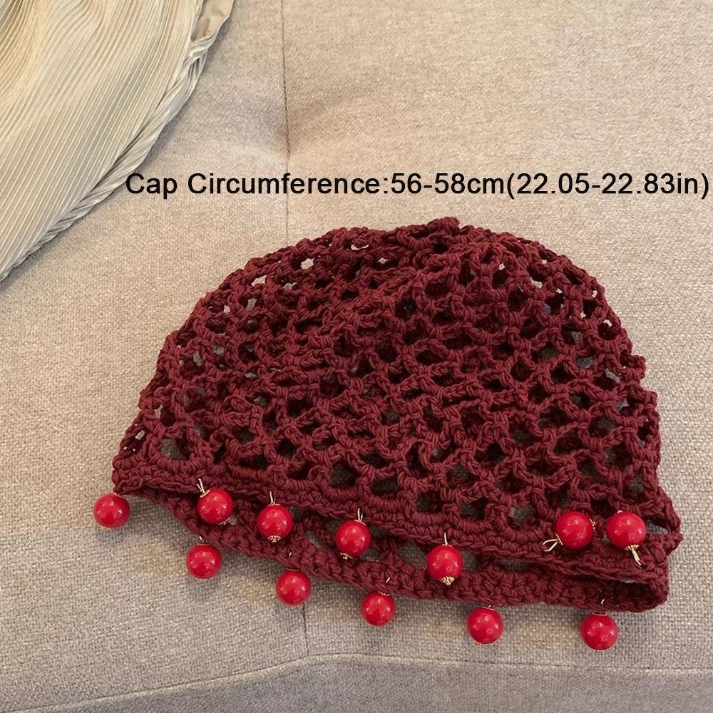 Pearl Fringed Crochet Hat Hollowed Out Woven Hat Casual Beret Cap  Bride Headpiece