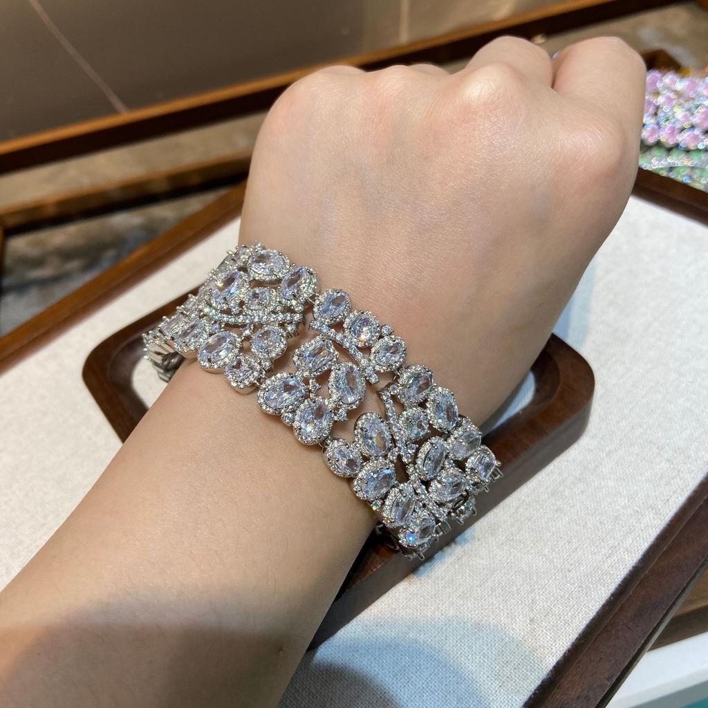 Wide Version Luxury Heavy Industry Water Drop Gem Bracelet, Gold-Plated, Rich Woman Feeling Boutique Inlaid Colored Treasure Jewelry