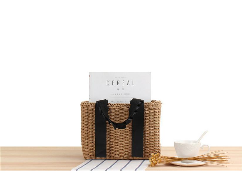 Women's Casual Beach Tote: Solid Color Handheld Paper Rope Bag with Ribbon Handle