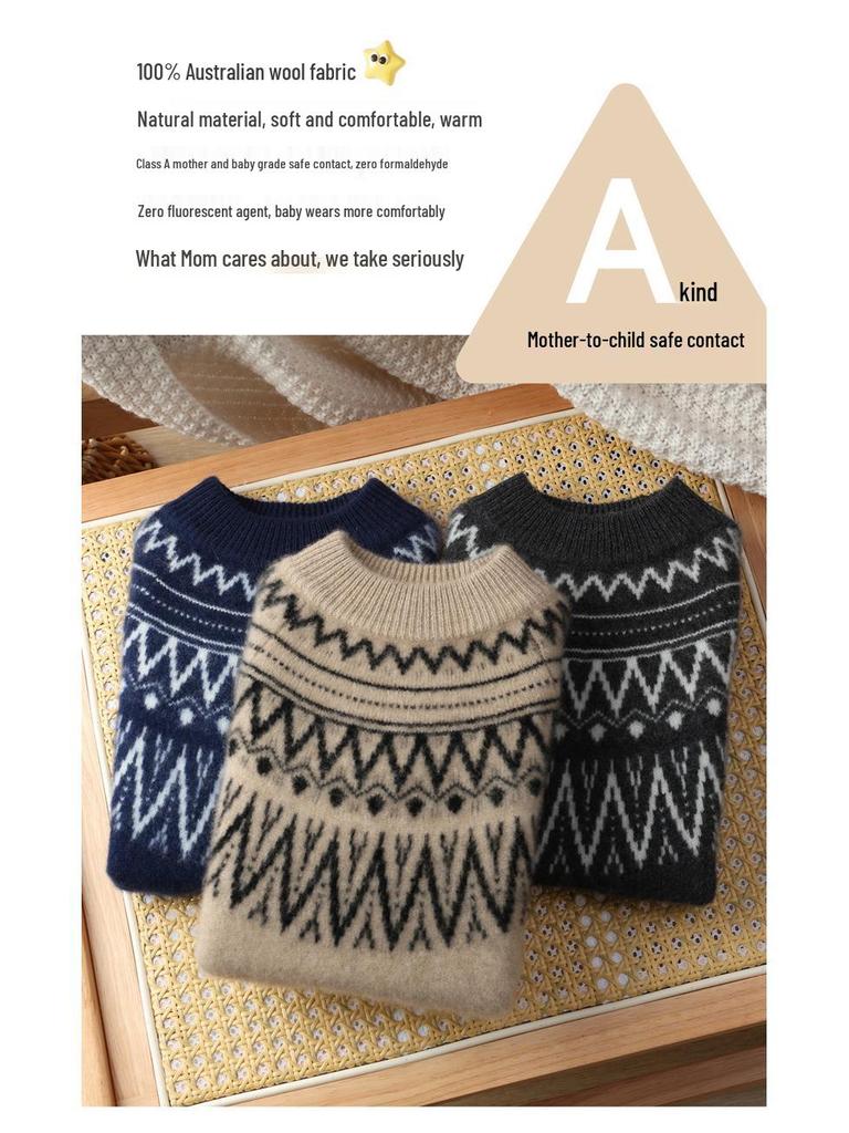 Autumn/Winter Unisex Pure Wool Fair Isle Knit Sweater Pullover for Children