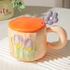 Hochwertige Tasse im Ins-Stil mit Tulpenform für Mädchen, niedliche Keramiktasse mit Deckel und Löffel, Paar-Tasse für Zuhause, Kaffeetasse