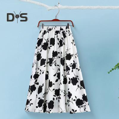 Women Skirt Elastic High Waist A-Line Skirt Rose Flower Print Midi Skirt with Pleated Hem Work Leisure Daily Wear